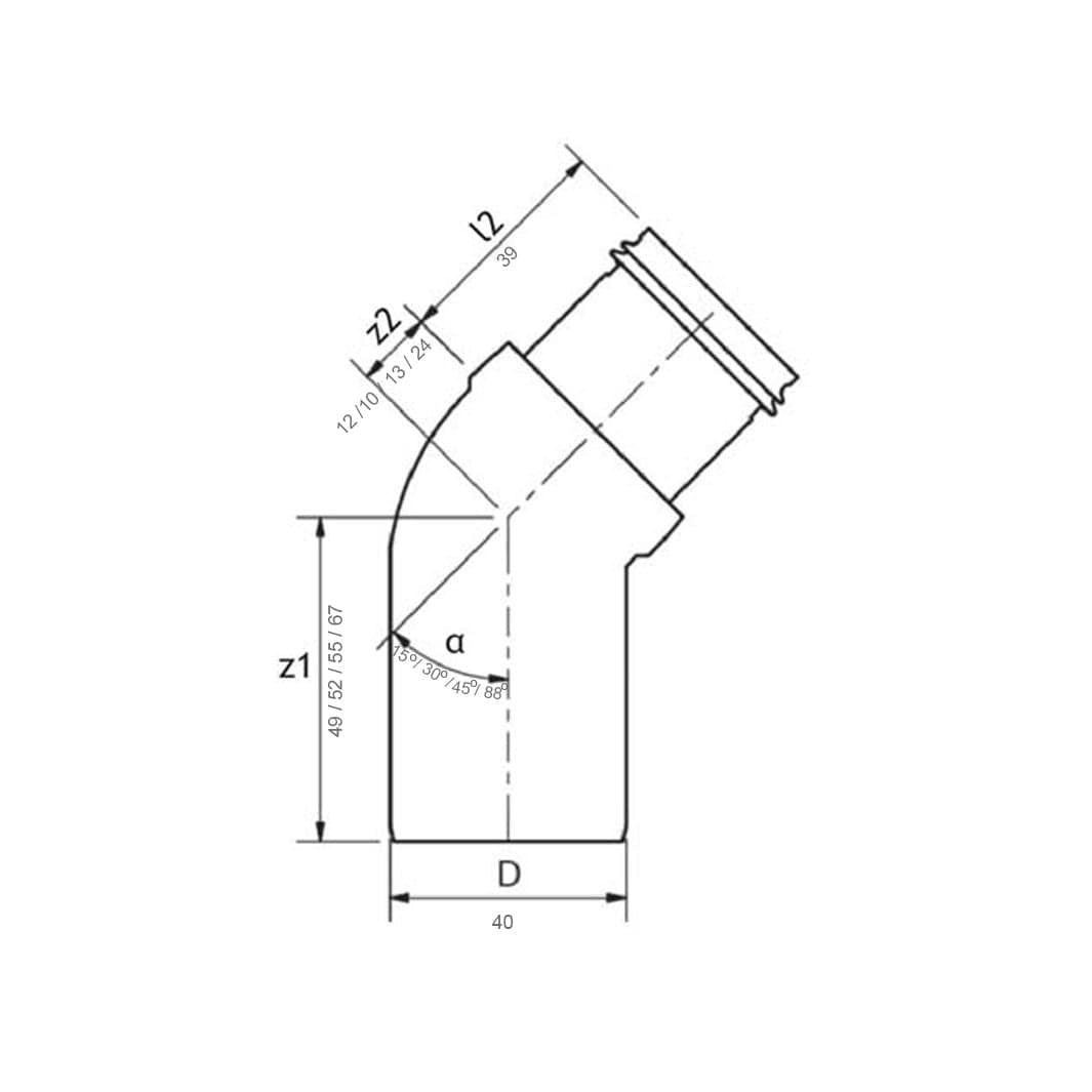 Smartline Bend PP 15-88° Ø40mm skjøtenippel og spissende - krom Pipelife Bend