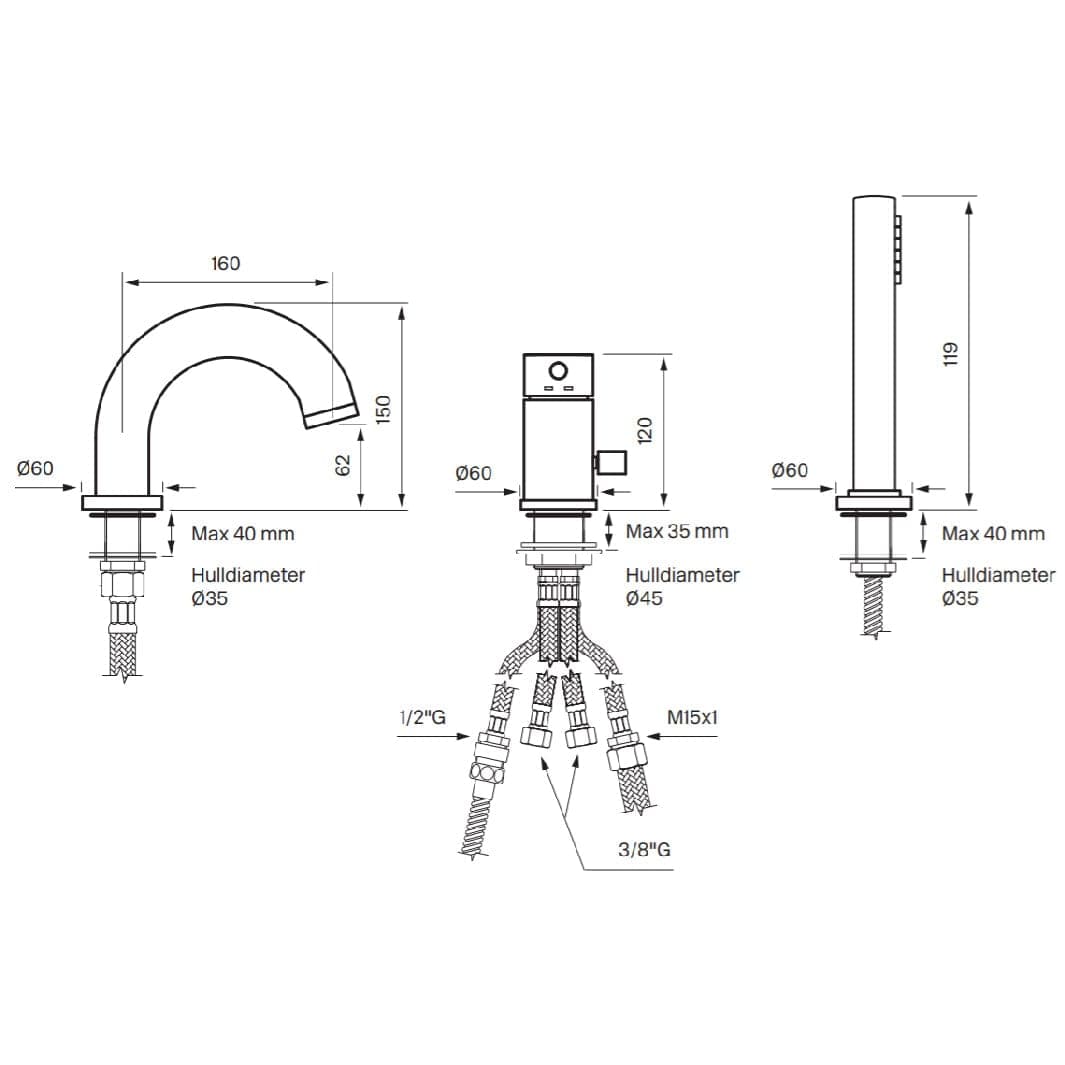 Tapwell BI047 Karkantbatteri 3-hulls Tapwell Badekararmatur