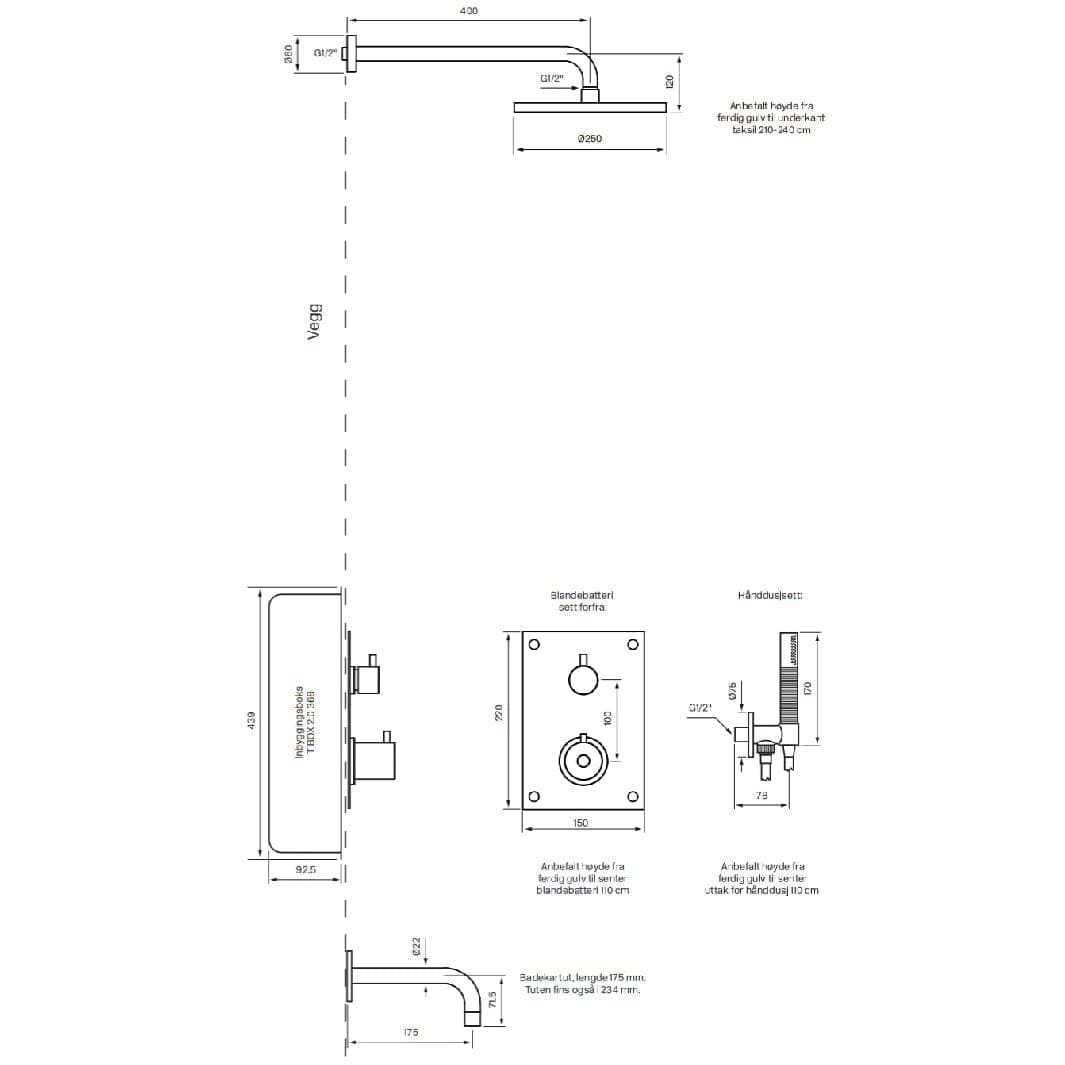 Tapwell BOX7368 ED2 Takdusj Innbygging Tapwell Blandebatteri innbygging
