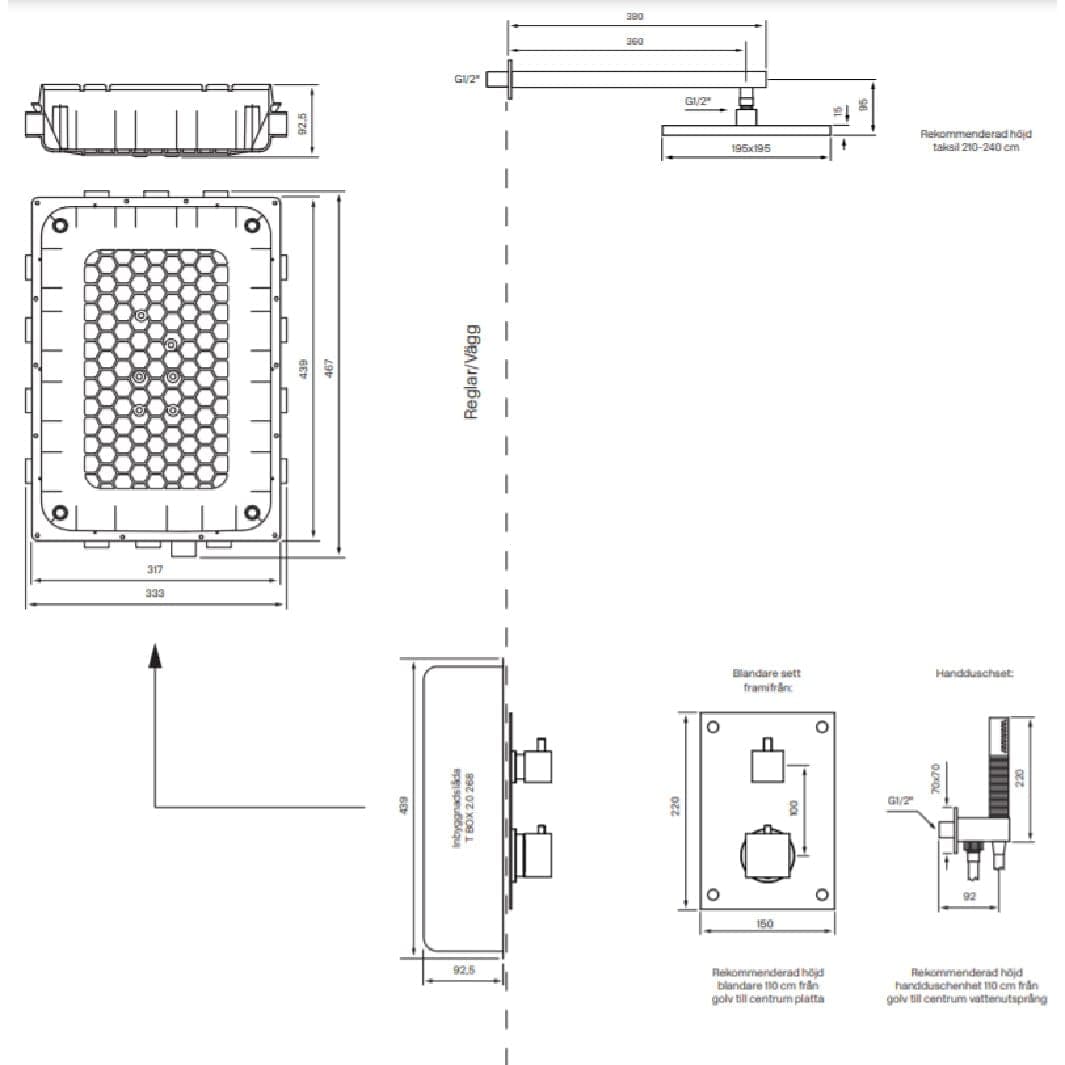Tapwell BOX8268 Square ED2 Takdusj Innbygging Tapwell Blandebatteri innbygging