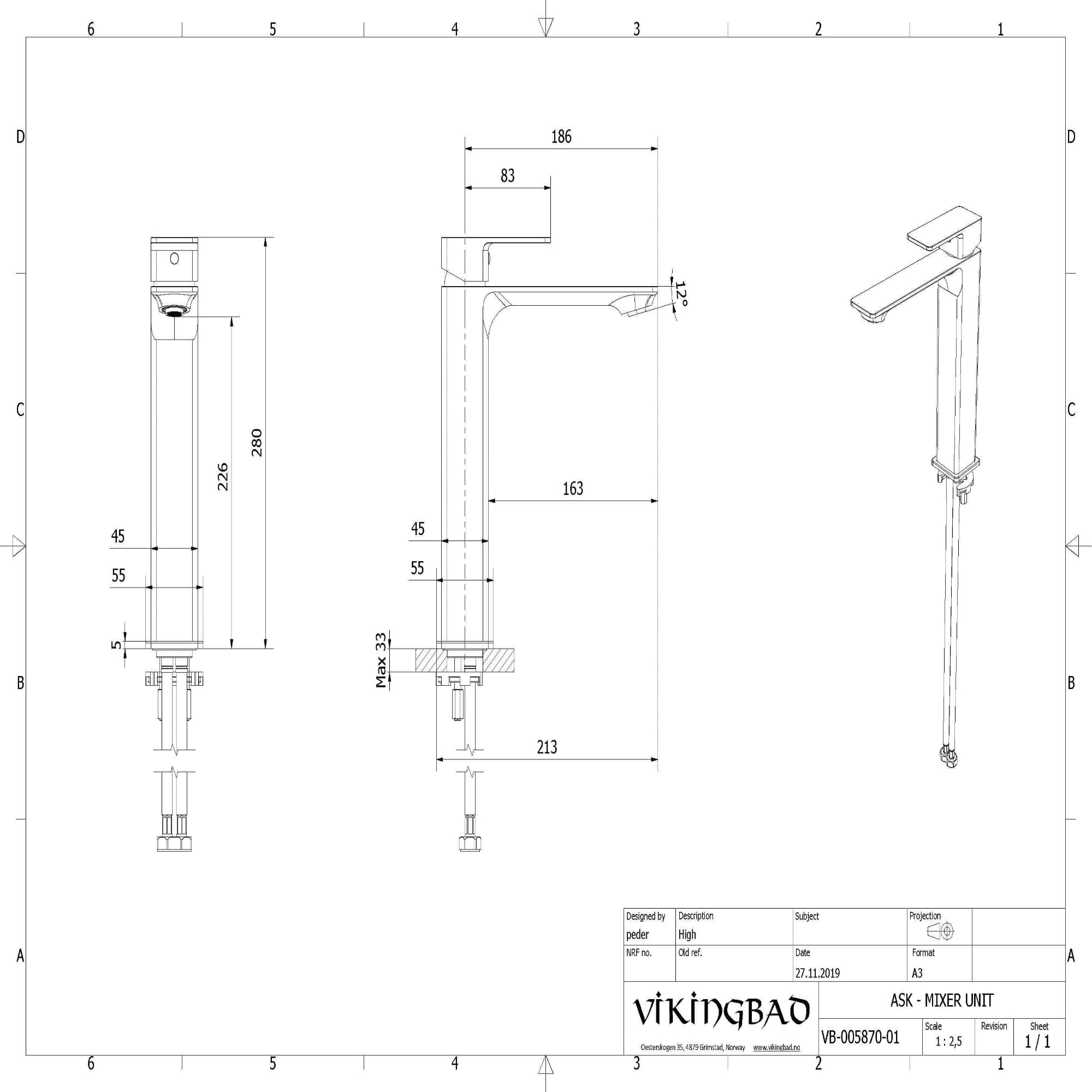 VikingBad Ask Høy Servantbatteri H280mm VikingBad Servantbatteri