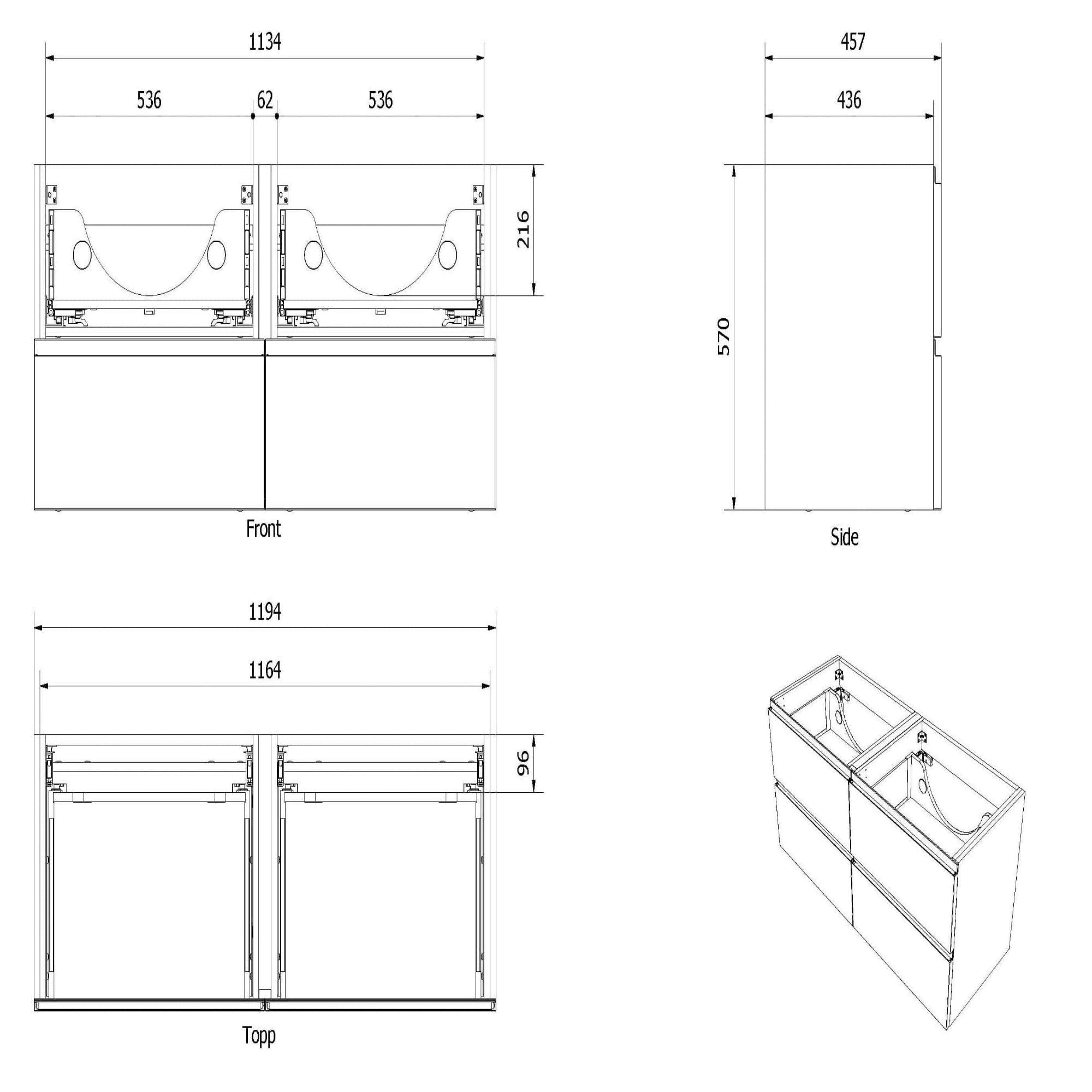 VikingBad MIE 120DBL Servantskap Fingergrep 4 skuffer - Mål: B120xH57xD46 cm VikingBad Servantskap