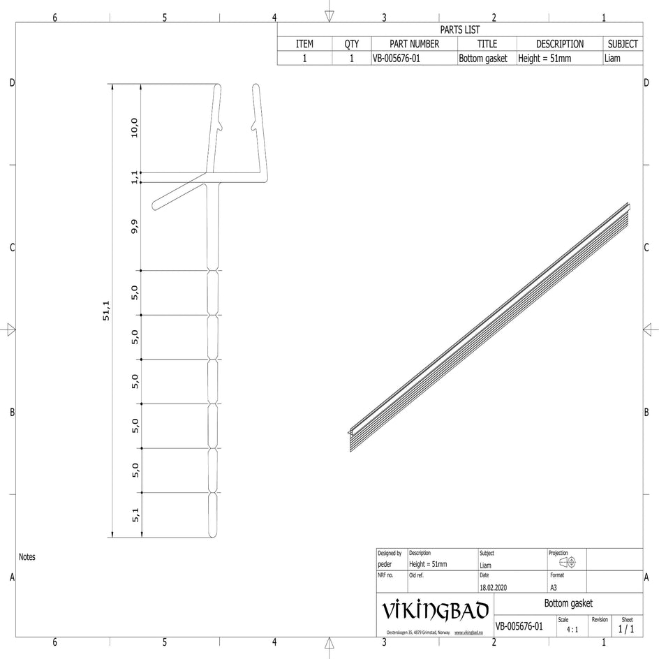 VikingBad Subbelist Liam PVC H51mm Rivbar - B100cm VikingBad Reservedel dusj