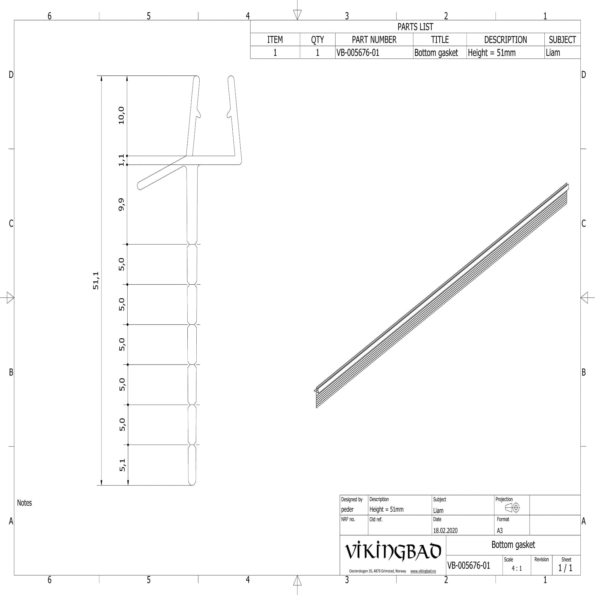VikingBad Subbelist Liam PVC H51mm Rivbar - B100cm VikingBad Reservedel dusj