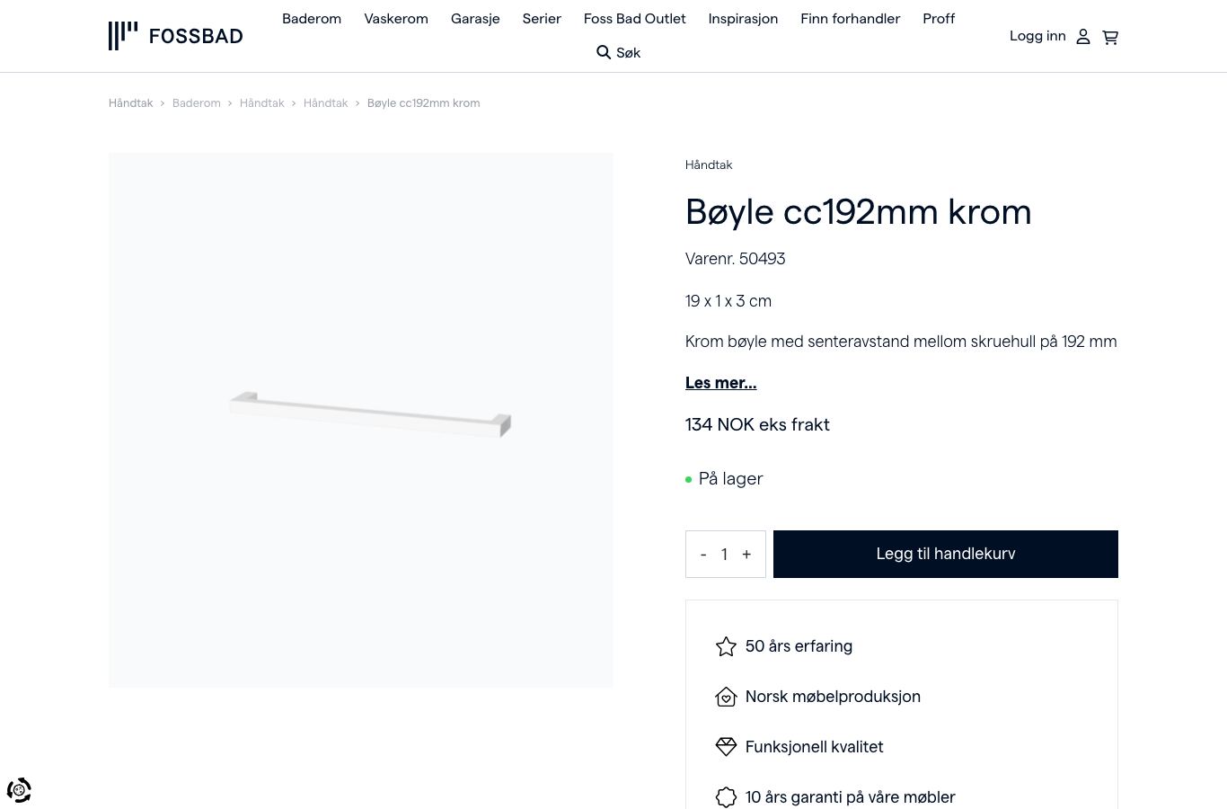 Skjermbilde av Fossbad håndtak produktside
